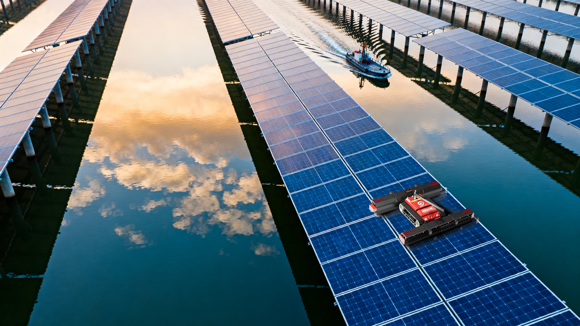 Multi-row solar panel array cleaning solution